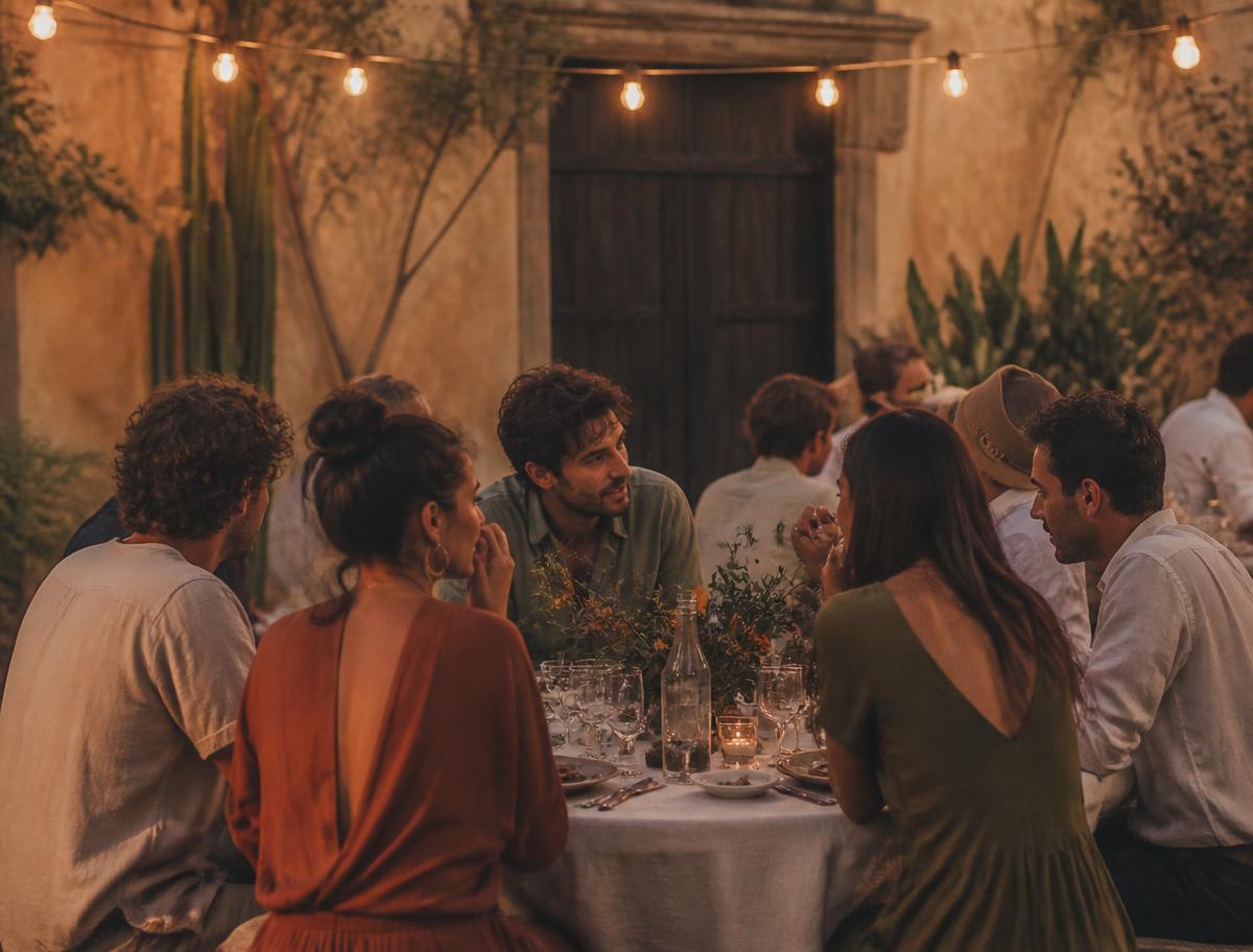 A group of people talking around a candlelit outdoor dinner table